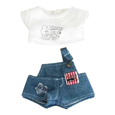 niannyyhouse 10cm Doll Clothes Denim Overalls T-Shirt Overalls Set Plush Stuffed Dolls Dressup (Blue)