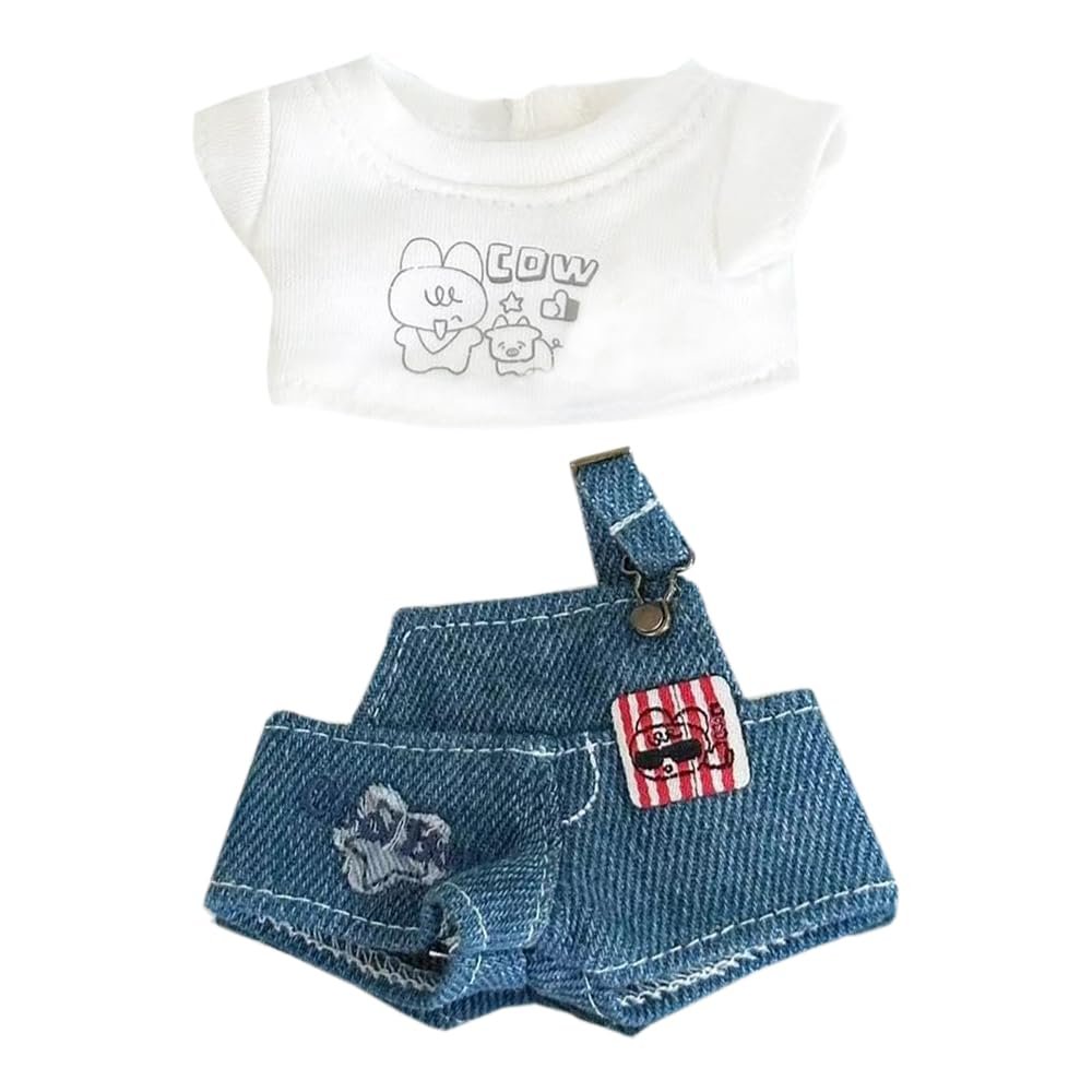 niannyyhouse 10cm Doll Clothes Denim Overalls T-Shirt Overalls Set Plush Stuffed Dolls Dressup (Blue)