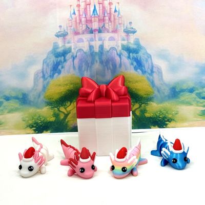 4pcs 3D Printed Articulated Mini Axolotl Box Container, Fidget Mini Axolotl Fidget Toy, Executive Desk Toy, Axolotl with Santa Hat Home Decor MA001-CT