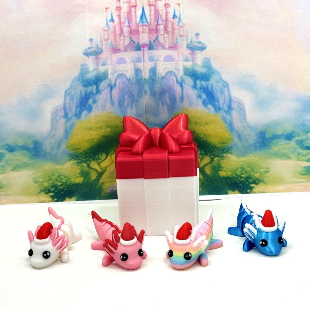 4pcs 3D Printed Articulated Mini Axolotl Box Container, Fidget Mini Axolotl Fidget Toy, Executive Desk Toy, Axolotl with Santa Hat Home Decor MA001-CT