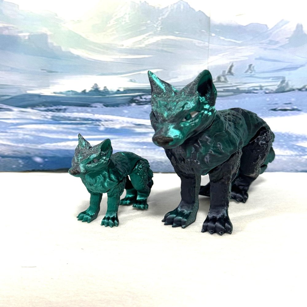 2pcs 3D Printed Wolf, Black and Green Gold Articulated Wolf, Mother and Child Wolf Animal Toy, Fidget ADHD Autism Toy W001-BG