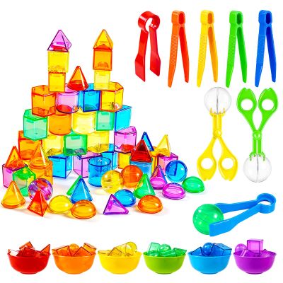 Bbiamsleep 76 Pcs Counting 3D Geometric Solids Colorful Plastic Geometric Shape Light Table Manipulative Counting Sorting Sensory Bin Filler Fine Motor Skills for Light Table Sorting Training