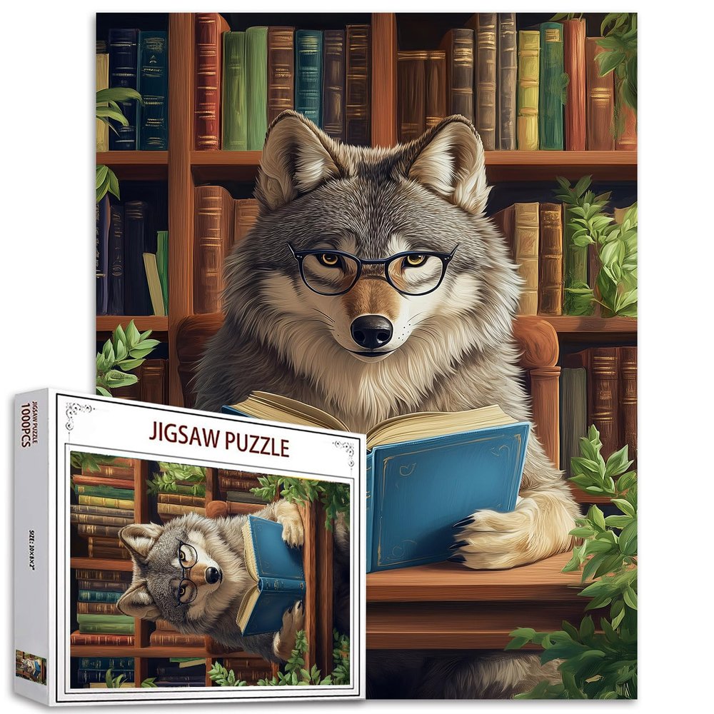 1000 Piece Jigsaw Puzzles for Adults Grey Wolf Jigsaw Puzzle Reading Books 1000 Pieces Puzzles for Challenging Family Activity Game Wolf Wearing Glasses Wall Decor Library DIY Puzzle Gifts