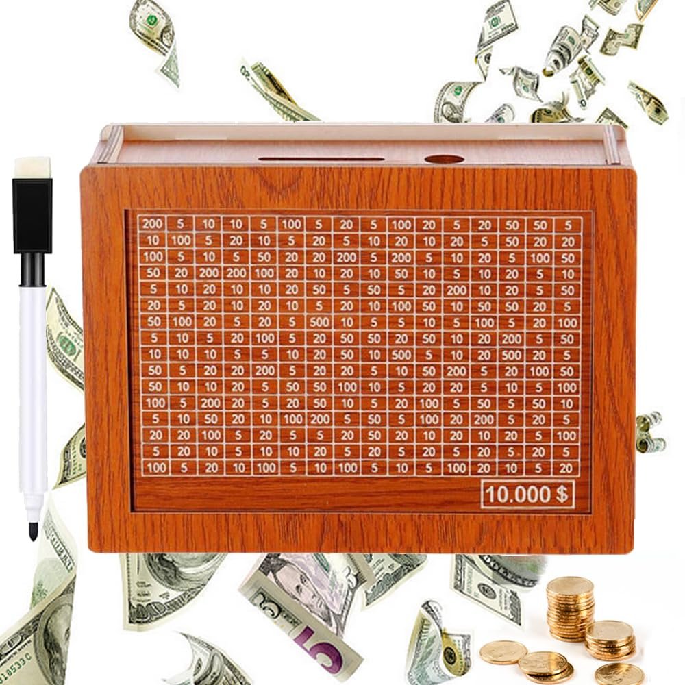 Cash Vault Wooden Savings Box,10000 Savings Challenge Box, Cash Saver Money Box, Wooden Cash Savings Box with Money Target and Numbers, Piggy Bank for Adults Kids ($3000)