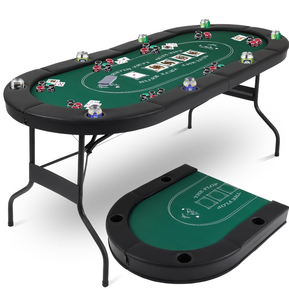 FAHKNS Poker Table Foldable, 72 Inch 8 Player Folding Poker Table, Texas Holdem Poker Tables, Portable Game Table with Cup Holders, Green