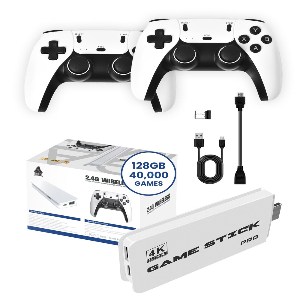 Boltz Retro Stick Gaming Stick  Retro Gaming Console with 40,000+ Classic Video Games, 9 Emulators, 128GB Storage, Plug & Play 4K HDMI Output, Includes 2 Wireless 2.4GHz Controllers