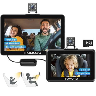Itomoro Baby Car Camera, 5"+7" 1080P Dual Screen Car Baby Camera with Two-Way Video, Music & Video Play Supported, Night Vision & 150 Wide View Baby Monitor for Car Backseat with 64GB Storage-ACZ419