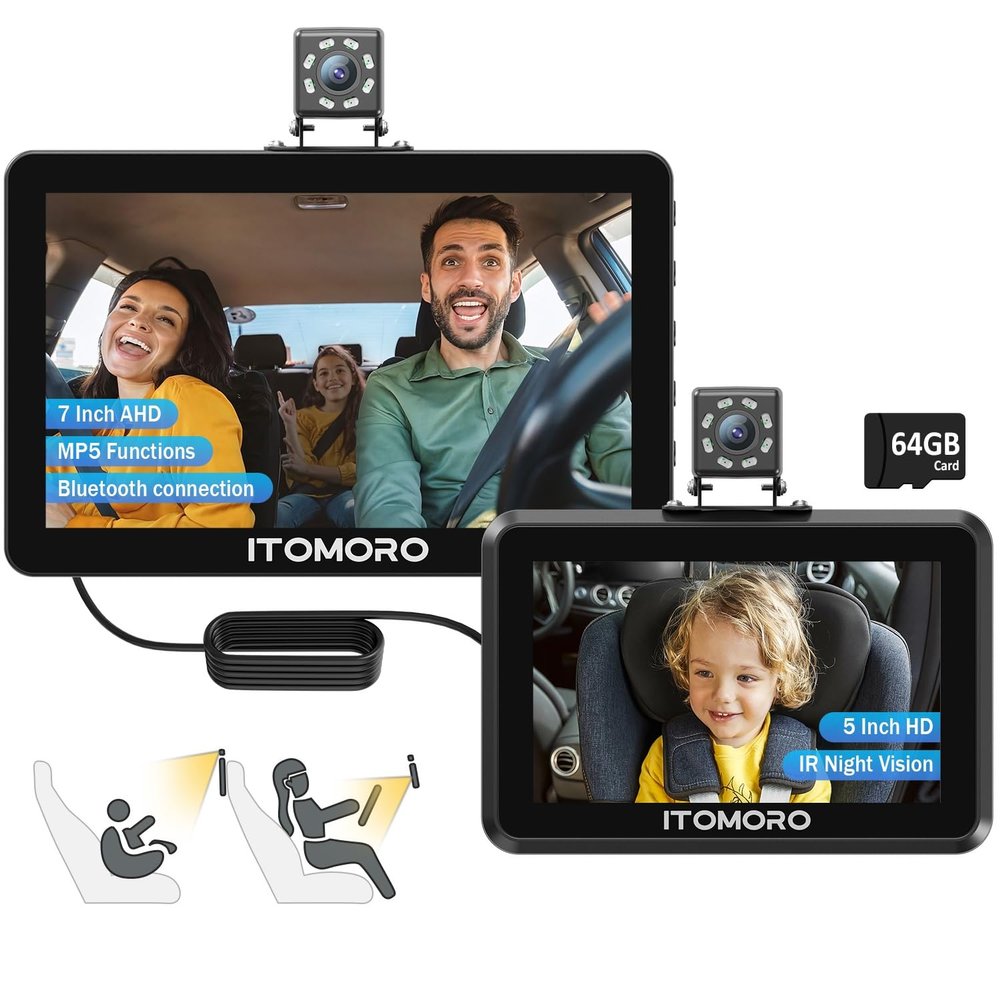 Itomoro Baby Car Camera, 5"+7" 1080P Dual Screen Car Baby Camera with Two-Way Video, Music & Video Play Supported, Night Vision & 150 Wide View Baby Monitor for Car Backseat with 64GB Storage-ACZ419