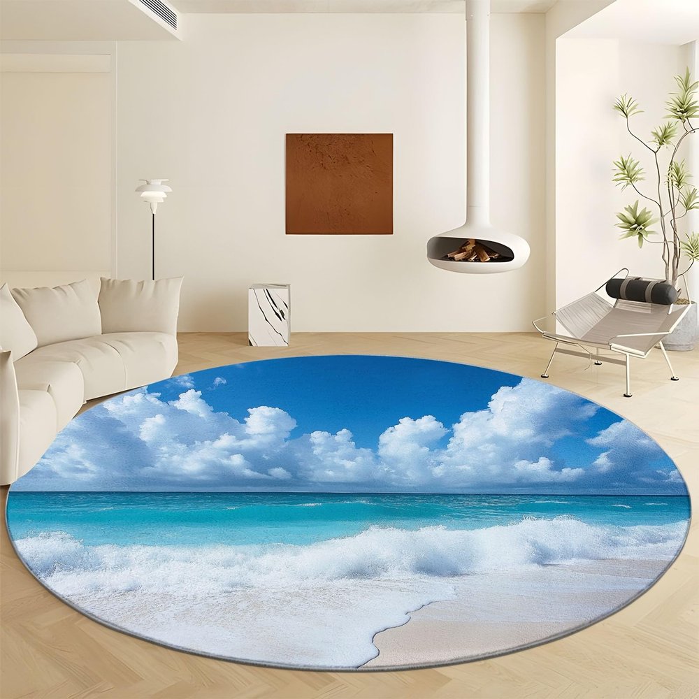 Kids Rugs for Playroom 3ft Blue Sea Beach Round Rug Circle Rug Soft Washable Round Rug for Bedroom Non-Slip Round Kids Rug for Nursery Classroom Living Room