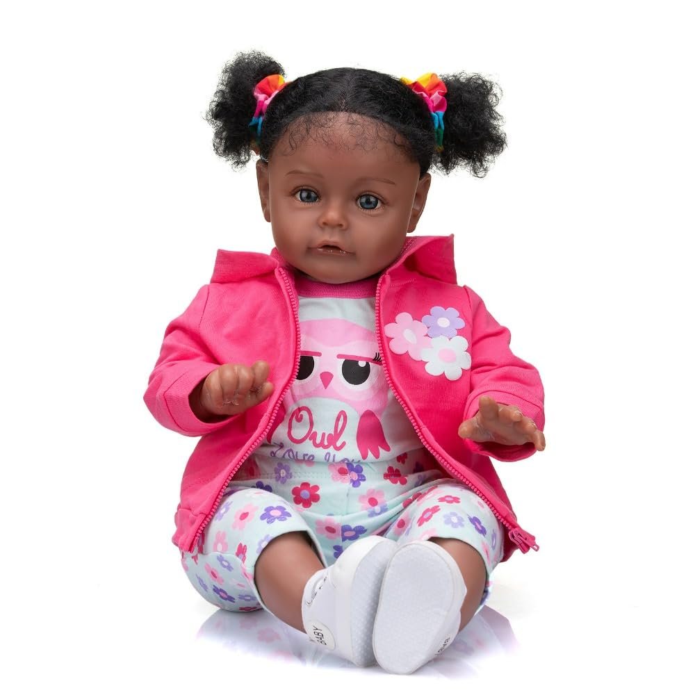 24 Inch Big Size Rooted Curly Hair Lifelike African American Reborn Toddler Girl Reborn Baby Dolls Black Realistic Newborn Collectible Art Doll that Look Real Child Birthday Gift Set for Kids Ages 3+