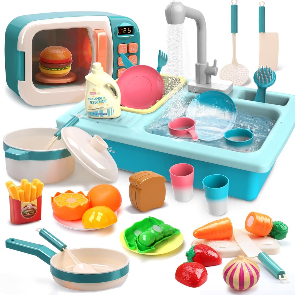 CUTE STONE Color Changing Kitchen Sink Toys, Electronic Microwave Toys with Sounds and Light, Play Food, Kids Cookware Pot and Pan, Cooking Utensils, Pretend Role Play Toys for Boys Girls