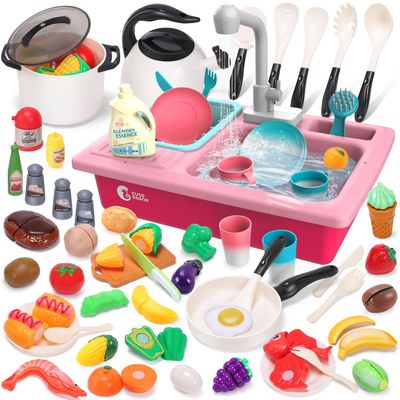 CUTE STONE Color Changing Play Kitchen Sink Toys with Upgraded Real Faucet, Kids Cooking Set with Play Food, Play Pots and Pans, Kids Kitchen Playset, Play Kitchen Toys for Girls Boys(White)