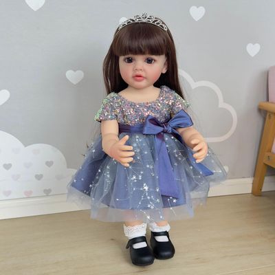 22 Inch Real Life Reborn Baby Doll Girl Full Body Vinyl Real Baby Size Long Hair Lifelike Brown Hair Anatomically Correct Realistic Newborn Princess Toddler Dolls Ideal Gift for Kids and Collectors