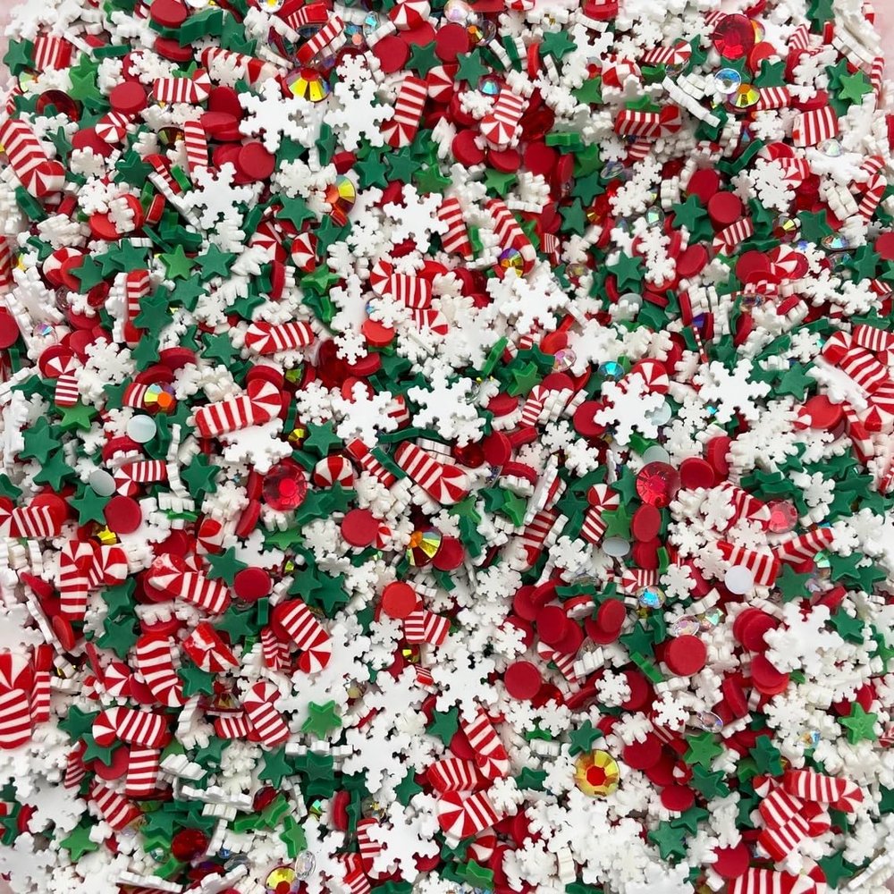 Candy Cane Crunch, Fake Christmas Holiday Polymer Clay Sprinkle Mix, Resin Shaker Fake Sprinkle Mix for Slime Decoden Jimmies - Non Edible (Red White and Green, 15 gram bag)