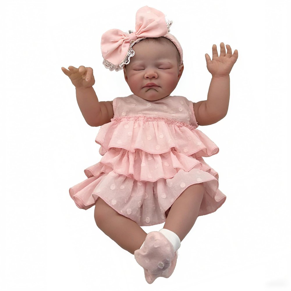 19 Inch Lifelike Reborn Baby Doll Girl Realistic Sleeping Soft Body Doll with Pink Ruffle Lace Dress & Bow Headband, Skin-Safe Premium Material Ideal Gift for Kids and Decor