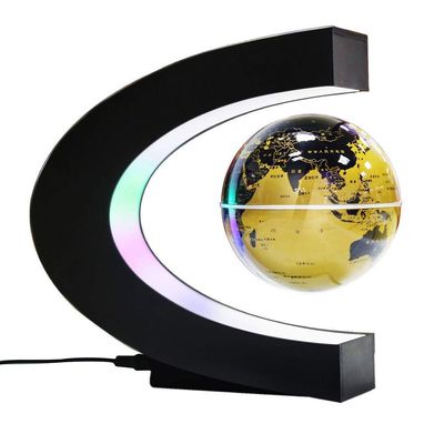 3UOOWWFA Geographical Globe, Floating Globe with LED Light C-Shaped Magnetic Levitation Colorful LED Light Educational Gift Tool Home Office Desk Decoration, Gold