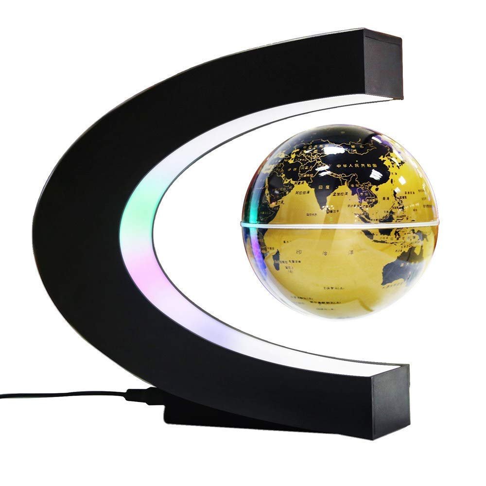 3UOOWWFA Geographical Globe, Floating Globe with LED Light C-Shaped Magnetic Levitation Colorful LED Light Educational Gift Tool Home Office Desk Decoration, Gold