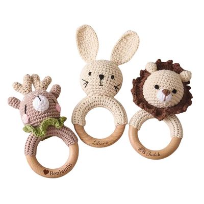 Custom Engraved Crochet Rattle, Wooden Ring Toy for Babies, Personalized Newborn Gift for Baby Shower or Christmas