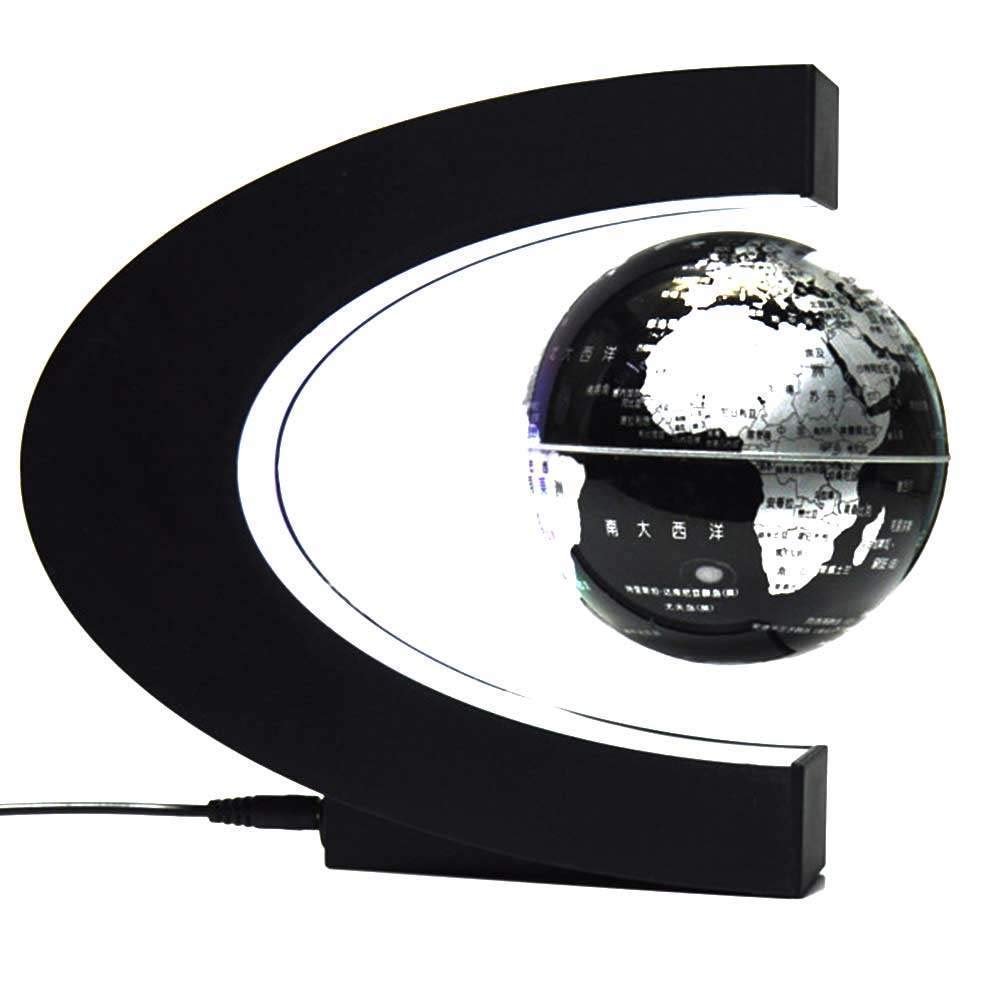 3UOOWWFA Geographical Globe, Magnetic Levitation Globe, C-Shaped 3 Inch Globe, Creative Gift Magnetic Suspension Decoration Display Stand, Silver