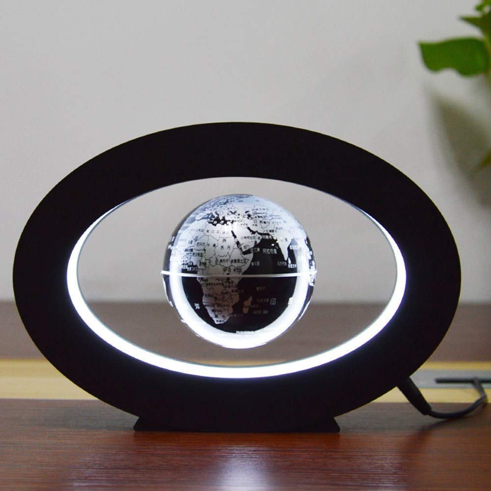3UOOWWFA Geographical Globe, Floating Globe - Oval 3 Inch Levitating Globe - Colorful LED Light Educational Gift Tool Home Office Desk Decoration, Silver