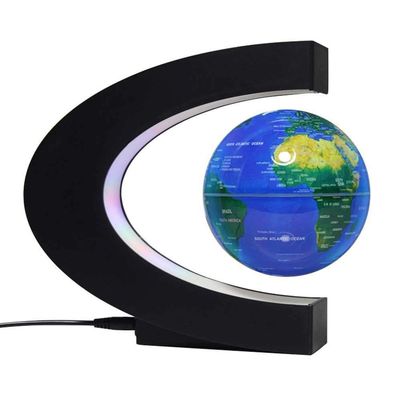 3UOOWWFA Globe, Magnetic Ornaments - Floating Globe, 4 Inch Blue English Globe in C Shape, Colorful LED Lights, Educational Tools for Kids, Gold
