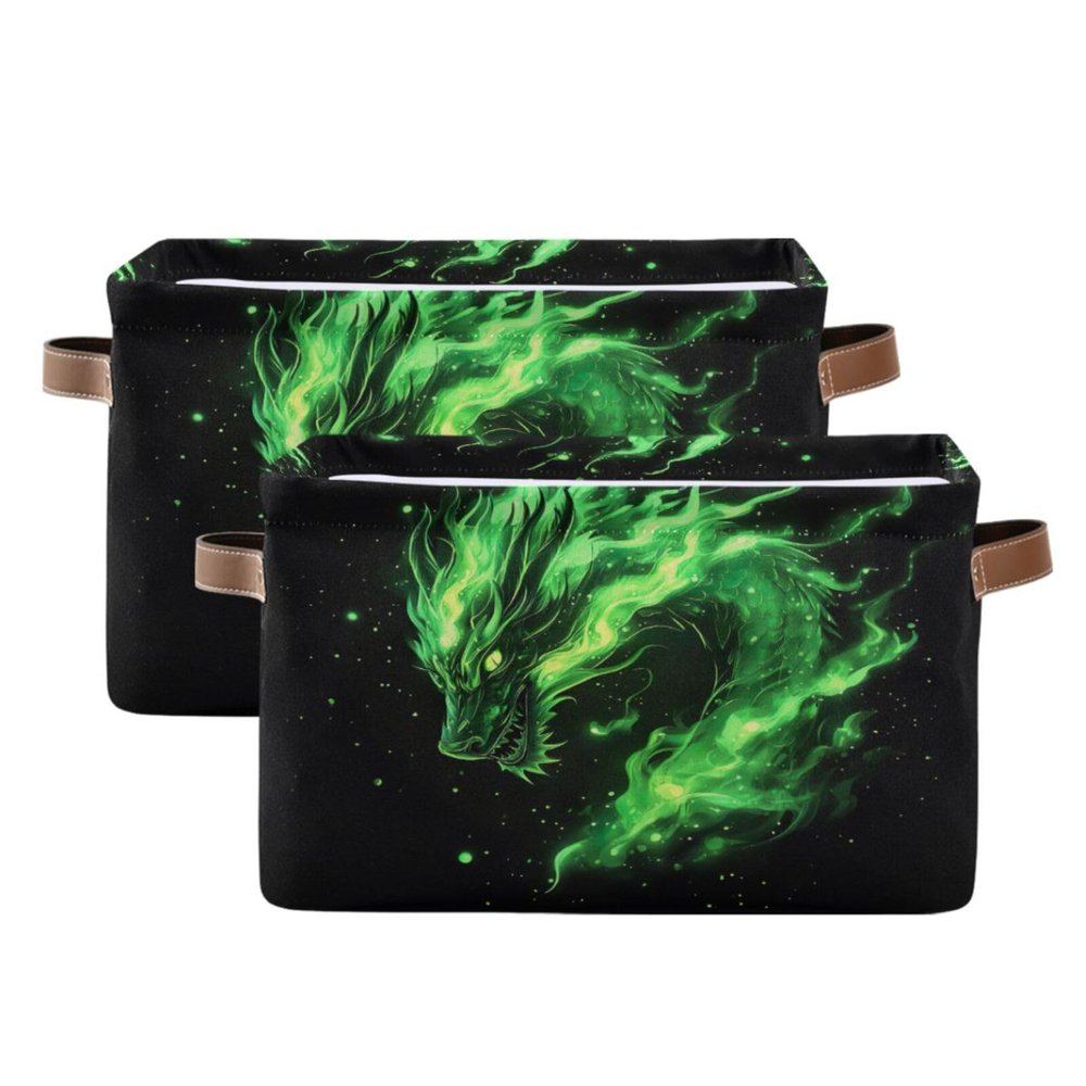 STAYTOP Flame Green Dragon Large Storage Basket Collapsible Storage Bins Waterproof Laundry Basket with Handle,Used for Home Closets, Offices, Bedrooms 2PCS
