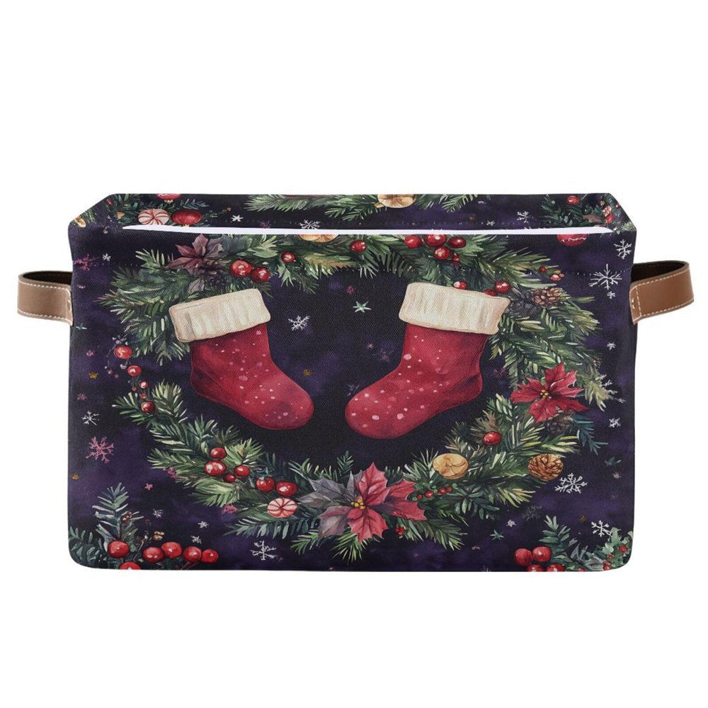 STAYTOP Watercolor Beautiful Christmas Wreath Large Storage Basket Collapsible Storage Bins Waterproof Laundry Basket with Handle,Used for Home Closets, Offices, Bedrooms 1PCS