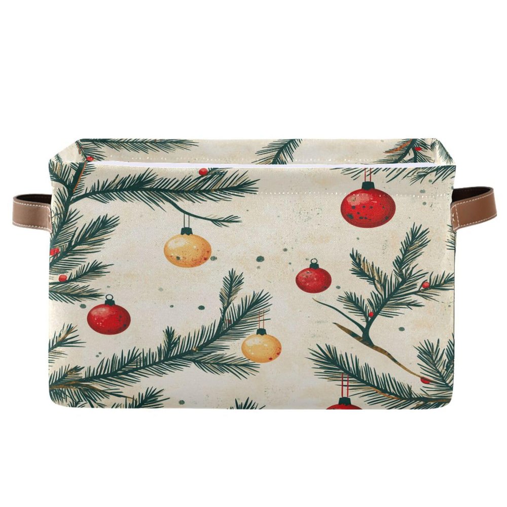 STAYTOP Pine Branches and Red Christmas Ball Large Storage Basket Collapsible Storage Bins Waterproof Laundry Basket with Handle,Used for Home Closets, Offices, Bedrooms 1PCS