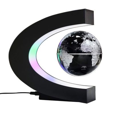 3UOOWWFA Geographical Globe, Floating Globe with LED Light C-Shaped Magnetic Levitation Colorful LED Light Educational Gift Tool Home Office Desk Decoration, Silver