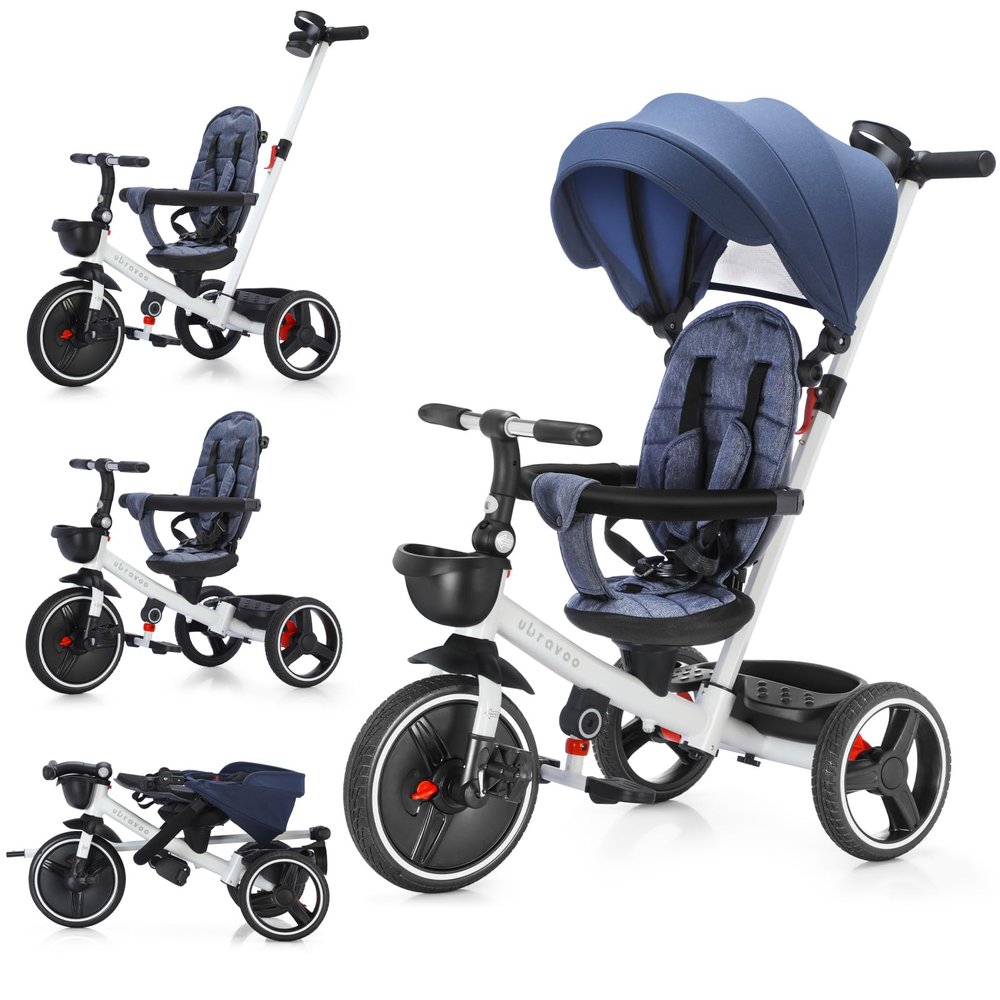 UBRAVOO 6-in-1 Baby Tricycle, Folding Kids Trike with Adjustable Parent Handle, Safety Harness, Wheel Brakes, and Removable Canopy, Stroller Bike Gift for Toddlers 10 Months to 5 Years (Blue)