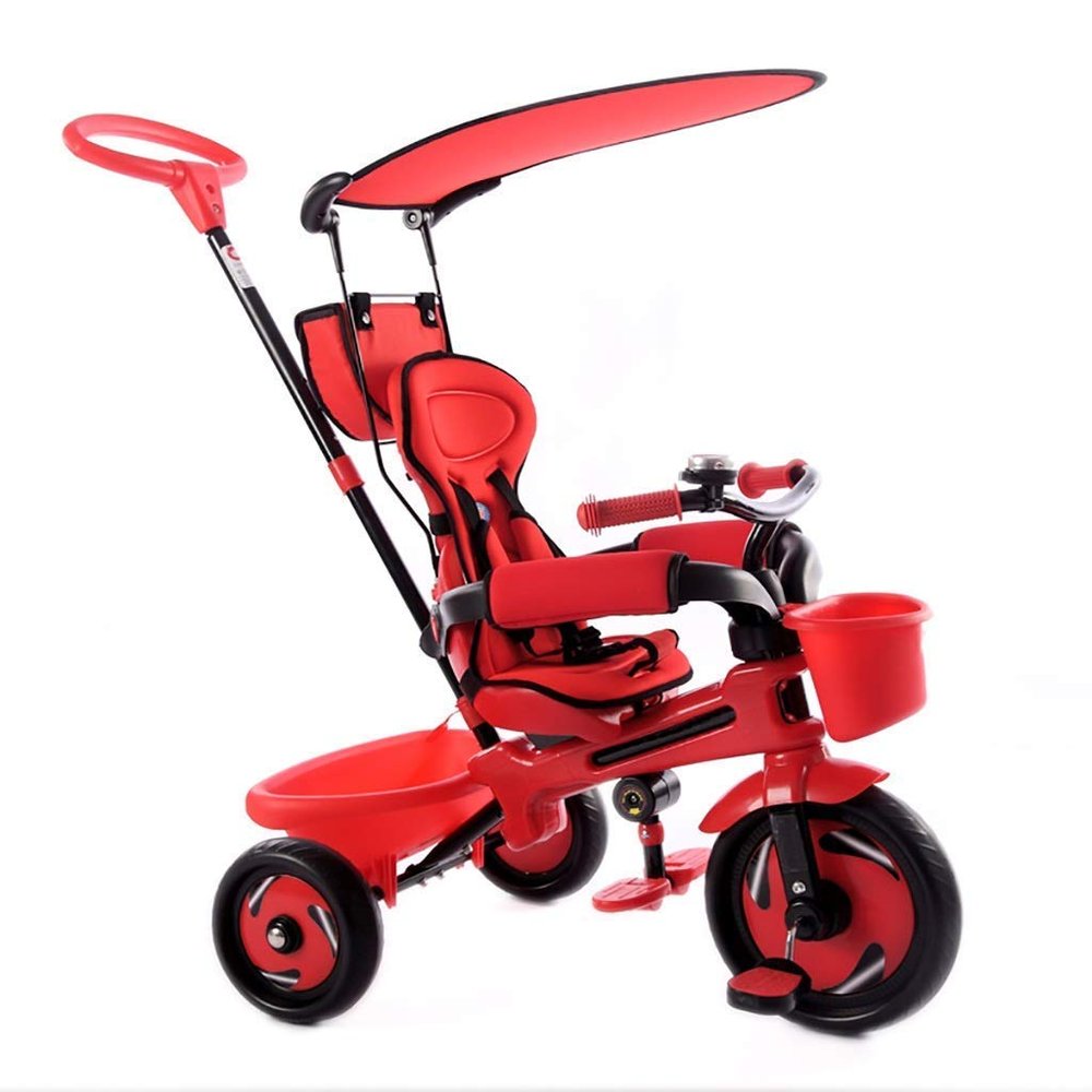 3UOOWWFA Three-Wheeled Trike, Children's Tricycle with Sunshade, 1-6 Year Old Baby Outdoor Tricycle Rear Button Fence Design, red