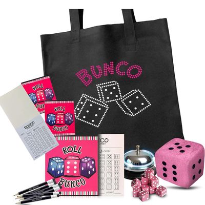 Bunco Game Kit with Crystal Tote Bag - Includes 9 Pink Dice, Bunco Score Sheets, Pencils, Bell, & 3 Inch Plush Dice W/Extra Score Sheets