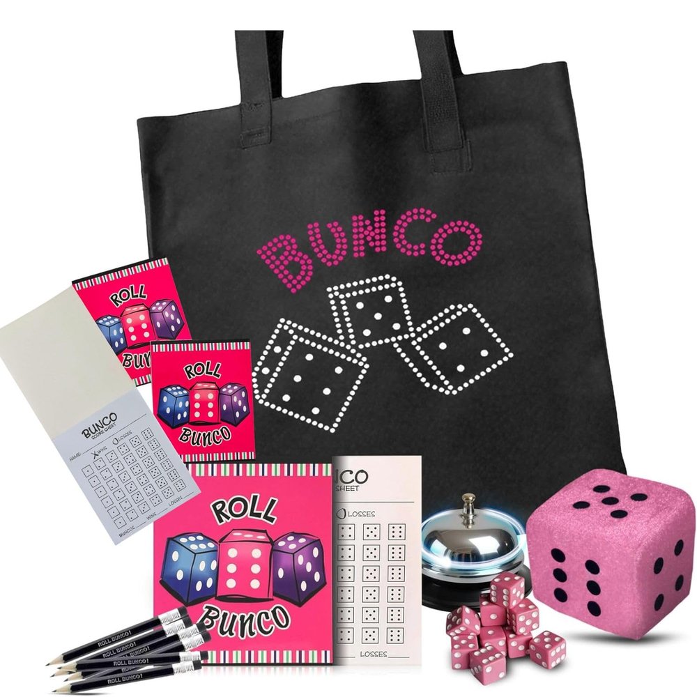 Bunco Game Kit with Crystal Tote Bag - Includes 9 Pink Dice, Bunco Score Sheets, Pencils, Bell, & 3 Inch Plush Dice W/Extra Score Sheets