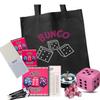 Bunco Game Kit with Crystal Tote Bag - Includes 9 Pink Dice, Bunco Score Sheets, Pencils, Bell, & 3 Inch Plush Dice W/Extra Score Sheets view 1