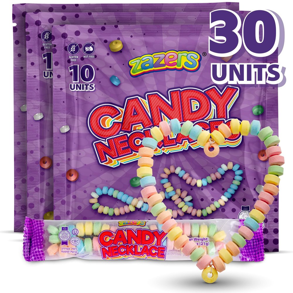 30 Necklaces - Individually Wrapped Edible Jewelry - Assorted Fruity Flavors - 3 Individual Bags of 10 -Perfect for Party Favors and Goodie Bags - Gluten-Free, Nut-Free, Kosher