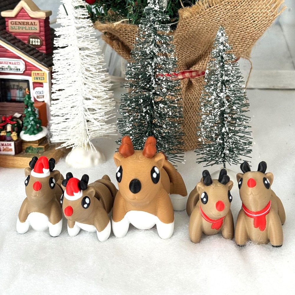 5pcs 3D Printed Christmas Reindeers with Santa Hat and Scarf, Articulated Mini Reindeers, Fidget Christmas Animal Reindeers, Fidget Mini Animal Toy - AR001-5X