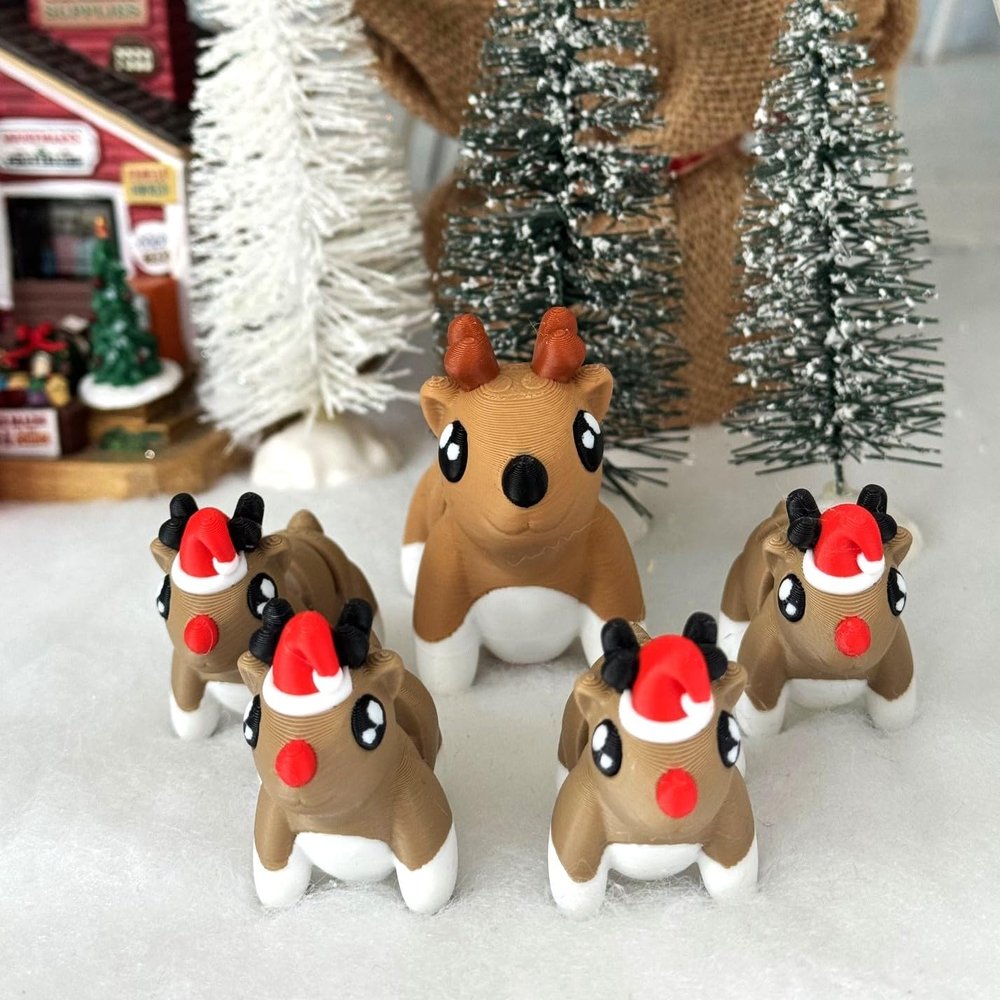 5pcs 3D Printed Christmas Reindeers with Santa Hat, Articulated Mini Reindeers, Fidget Christmas Animal Reindeers, Fidget Mini Animal Toy - AR001-5X