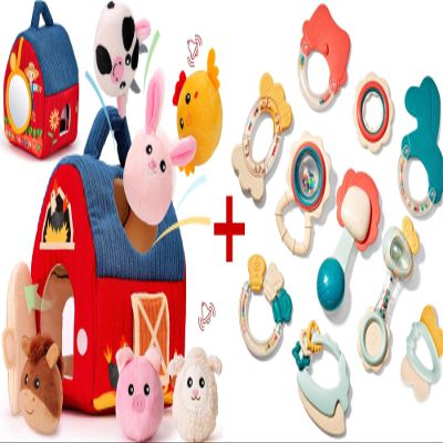 hahaland Baby Surprise Barn with Stuffed Farm Animals and Baby Rattles Teething Toys for Babies 6-12 Months
