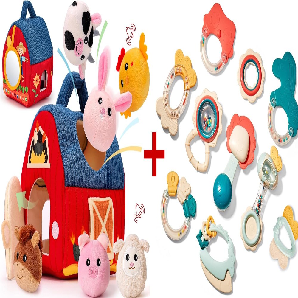 hahaland Baby Surprise Barn with Stuffed Farm Animals and Baby Rattles Teething Toys for Babies 6-12 Months