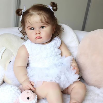 24 Inches 60CM Real Baby Size Reborn Baby Doll Rooted Brown Curly Hair Soft Cloth Body Lifelike Newborn Toddler Girl Dolls Anatomically Correct with Realistic Look & Feel for Kids and Women
