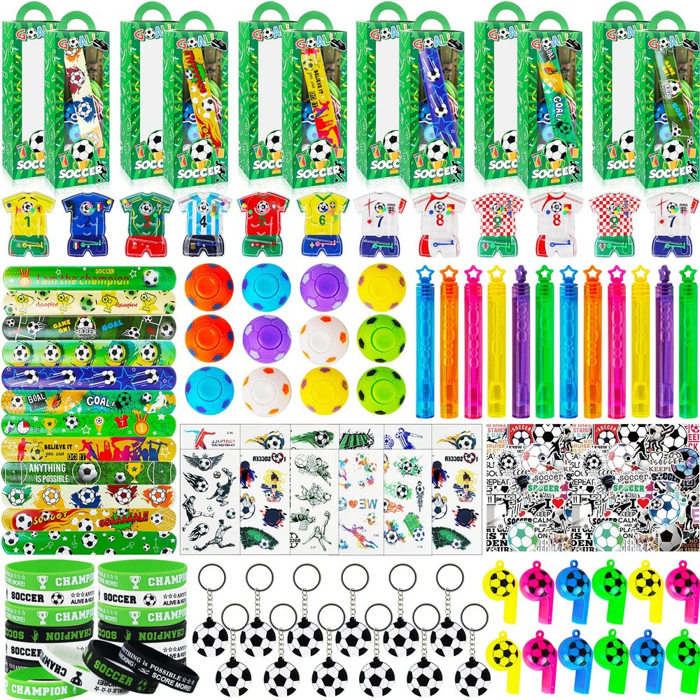 158Pcs Soccer Party Favors for Kids Boys, 12 Guests Goodie Bag Fillers with Rotatable Finger Stress Toys Whistles Bracelet Keychain Sticker for Birthday Party, Classroom Rewards & Return Gifts