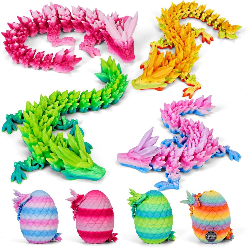 4PCS 3D Printed Dragon Eggs with Dragon Inside, Mini Mystery Dragon Egg Articulated Crystal Dragon Fidget Toy, Surprise 3D Printed Animals Toy Set (4-Piece Set-E)