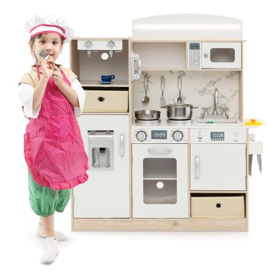 GLACER Play Kitchen with Lights, Wooden Toy Kitchen w/Realistic Sound, Coffee Maker, Play Phone, Microwave, Oven, Cooking Accessories, Gift for Boys Girls, Kids Kitchen Playset for Toddlers Aged 3+