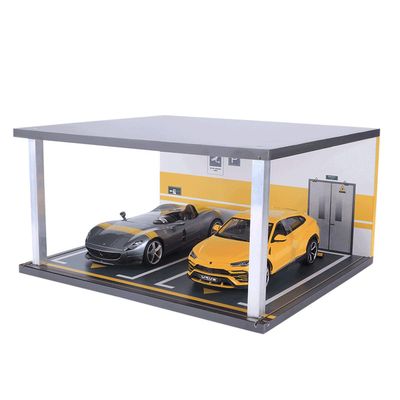 1:18 Scale hot Wheels diecast Model Car Display case,with LED Light and Acrylic Dust Cover Model Car Display Case,Wooden Parking lot Garage Scene Toys Car Model Display Stand (Grey)