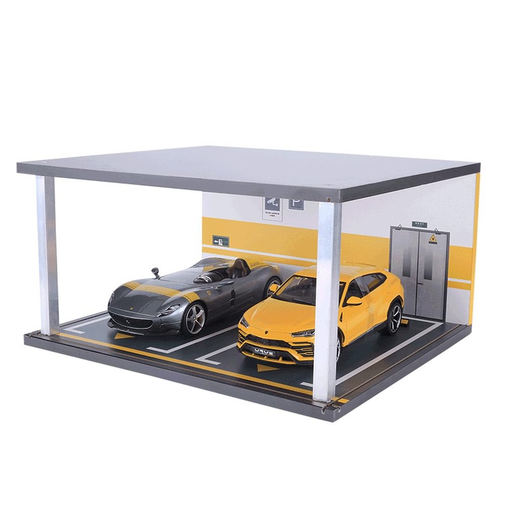1:18 Scale hot Wheels diecast Model Car Display case,with LED Light and Acrylic Dust Cover Model Car Display Case,Wooden Parking lot Garage Scene Toys Car Model Display Stand (Grey)