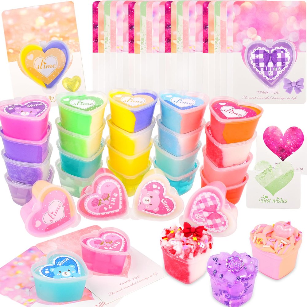 24 Pack Valentines Day Gift Cards, Butter Cloud Clear Galaxy Slime, Stress Relief Fidget Toy for Kids Valentine Party Favors, Classroom Exchange Prizes, Valentines Greeting Cards