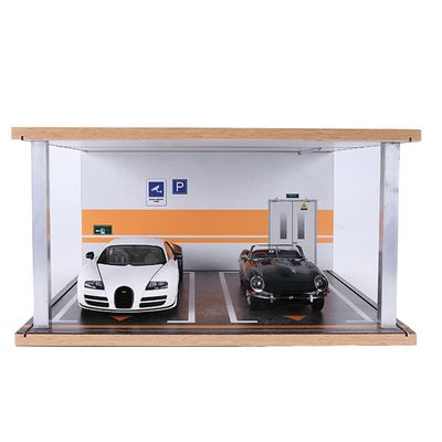 1:18 Scale Model Car Display case,Hot Wheels diecast Model Car Display Stand with LED Light and Acrylic Dust Cover,Wooden Parking lot Garage Scene Toys Car Model Display Stand (Wood Color)