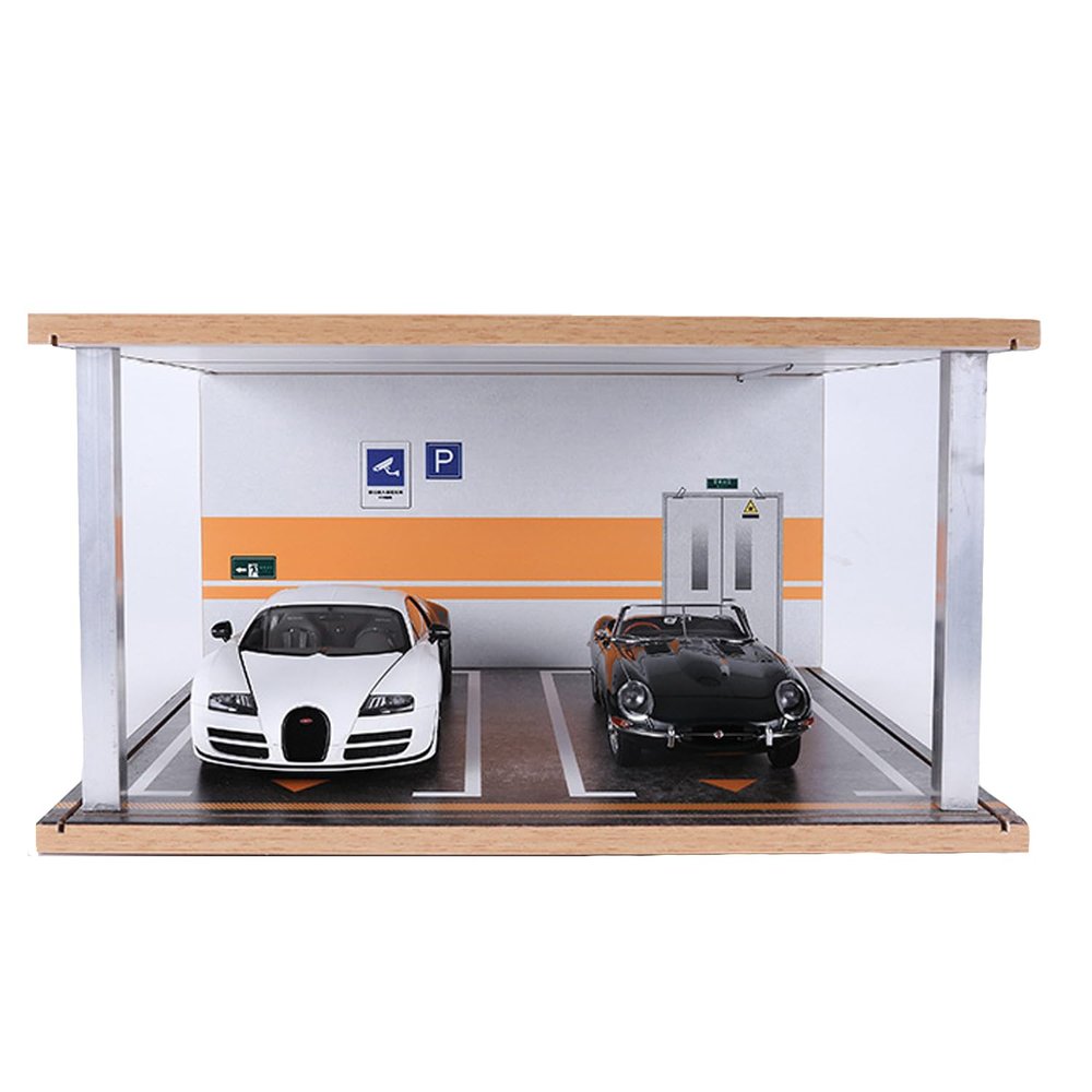 1:18 Scale Model Car Display case,Hot Wheels diecast Model Car Display Stand with LED Light and Acrylic Dust Cover,Wooden Parking lot Garage Scene Toys Car Model Display Stand (Wood Color)