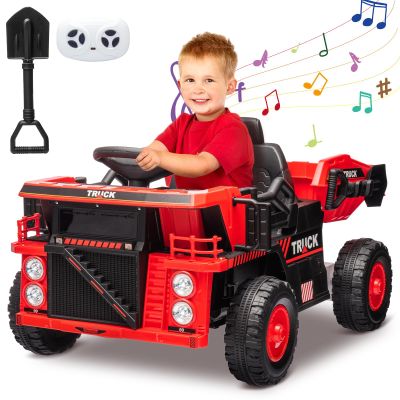 12V Ride On Dump Truck,Kids Car Toy with Remote Control,Electric Dump Bed,Shovel, 12V Construction Vehicle for Kids with Music Player, High and Low Speed,Red