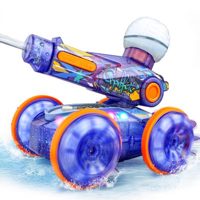 BEZGAR Pool Toys for Kids, Amphibious Remote Control Car Toys for Ages 6-8, RC Stunt Car with Water Gun for Boys and Girls 8-12, Remote Control Boat with Light(Blue)